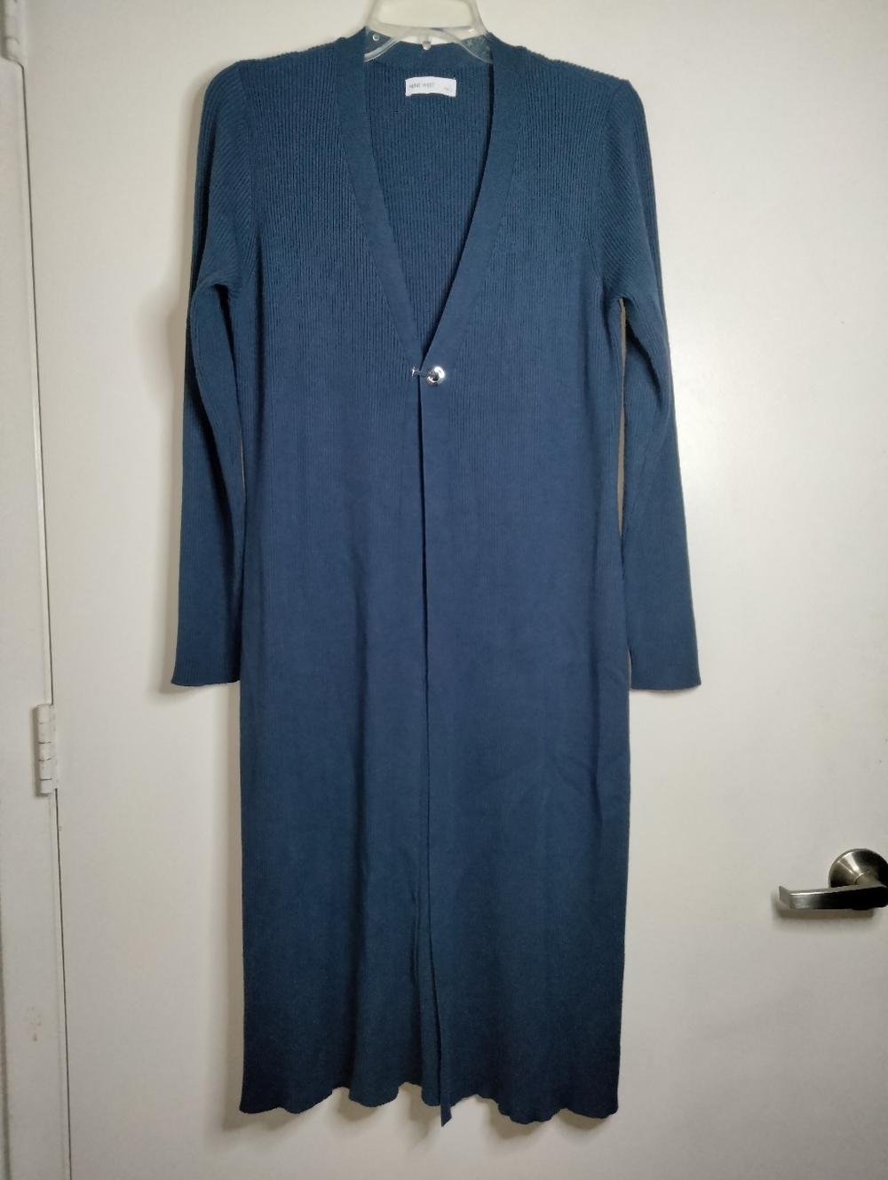 Nine West (Size L) Blue Stretch Ribbed LS  Clasp Front Long Line Duster Sweater